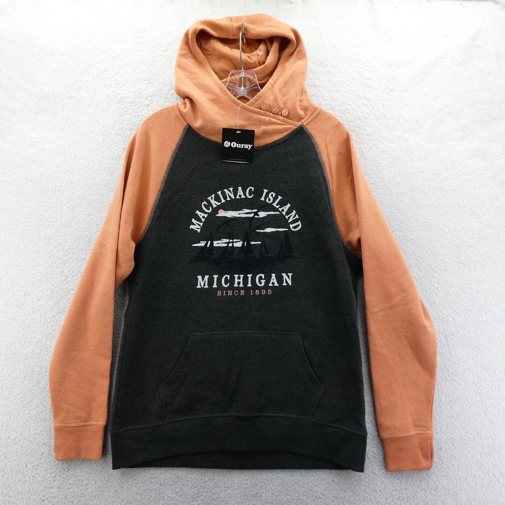 Ouray Hoodie Women Medium Mackinac‎ Island Michigan Orange Gray Raglan Pullover